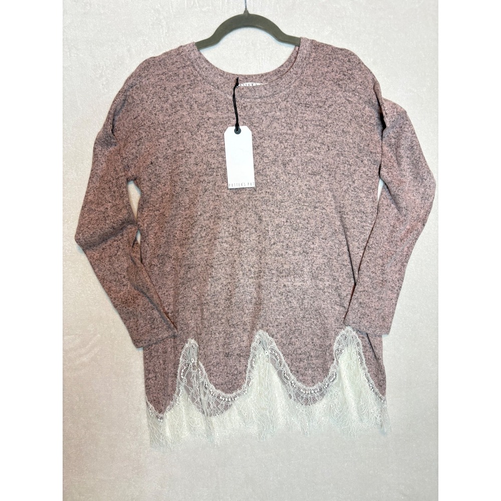 Potters Pot Mauve Pink Soft Marled Knit Top with White Lace Trim Size S